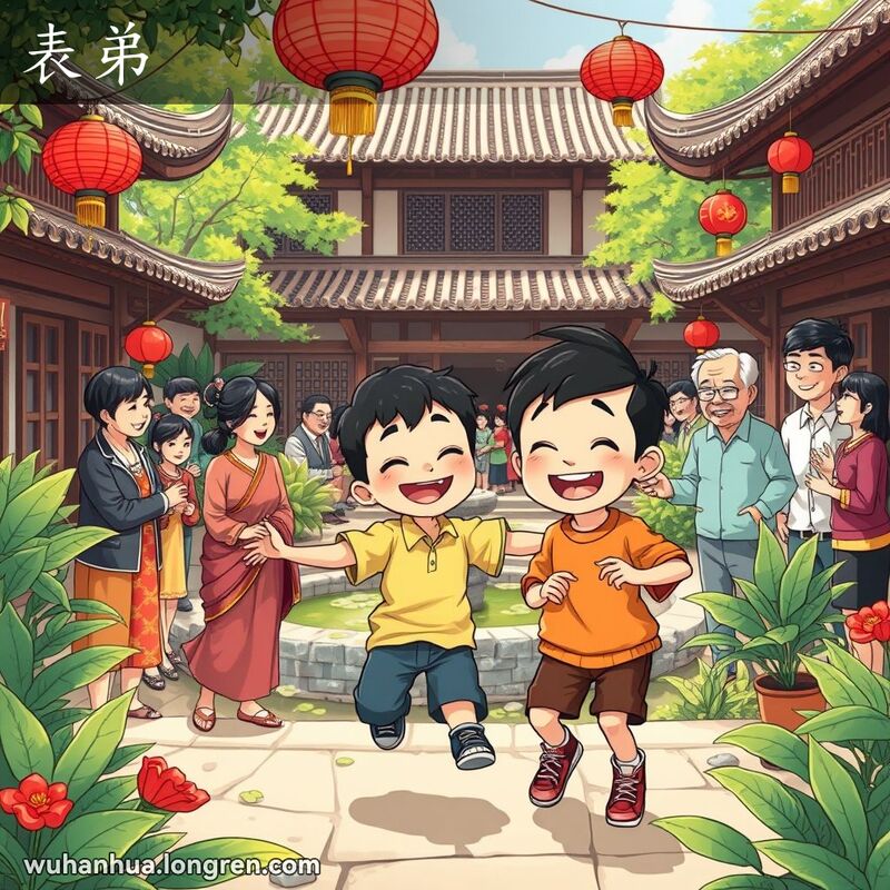 一个传统武汉庭院中的家庭聚会，一个男孩和他的表弟在一起玩耍，背景有绿意盎然的庭院和传统建筑。