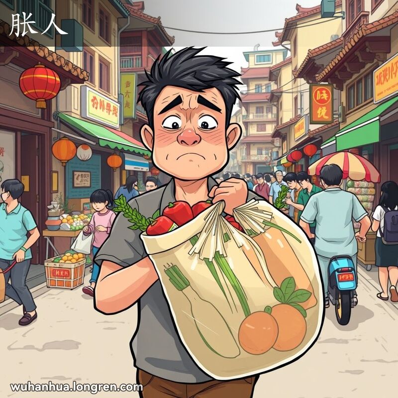 一位武汉市民在街上提着鼓鼓囊囊的袋子，脸色涨红，表情吃力，背景是武汉老街景