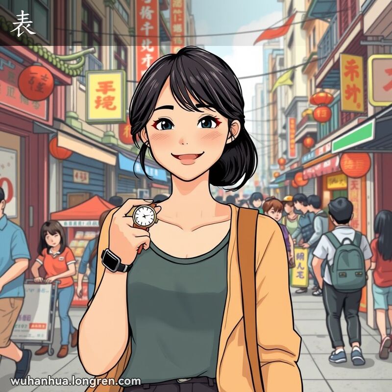 一位年轻的武汉女子在街道上行走，手中拿着一块小巧精致的手表，背景是武汉城市景象