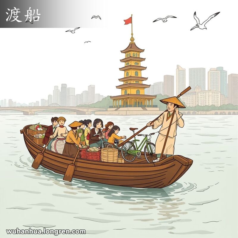 一艘传统木质渡船停靠在长江岸边的小码头，船上载满乘客和货物，船夫用长杆撑船，背景是黄鹤楼和现代武汉天际线。