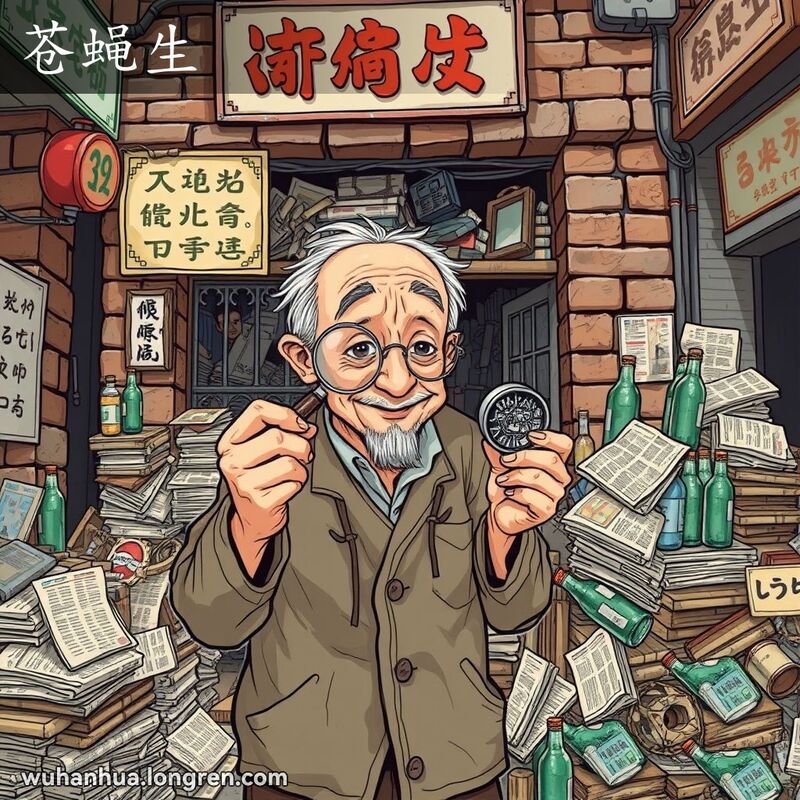 一位老武汉市民在旧货店前用放大镜检查废金属，背景是武汉老街景和堆满回收物品的店铺