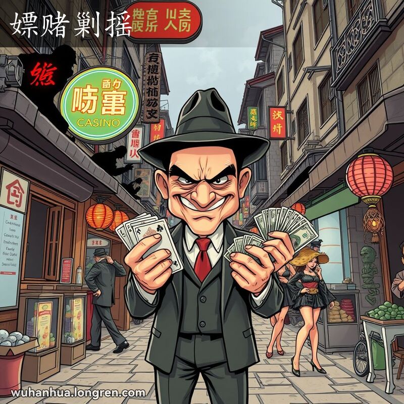 一个穿西装戴礼帽的男子站在武汉老街中央，周围有赌场招牌、可疑人物和花哨女子，手持扑克牌和钞票，脸带狡黠笑容。