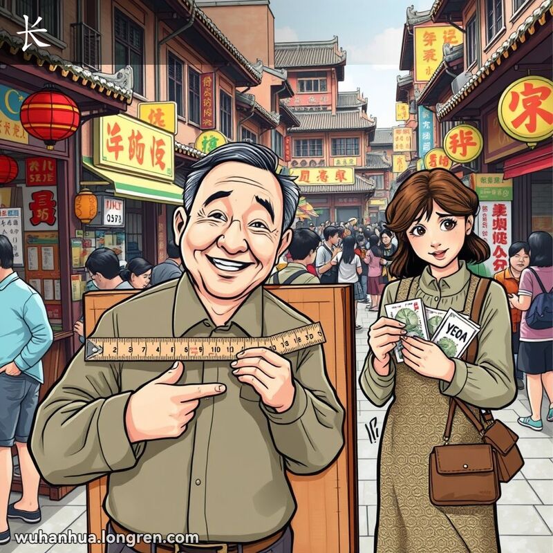 武汉街市场景，男子用尺子量木柜，尺子显示三尺长，女子数钱发现多花一百元。