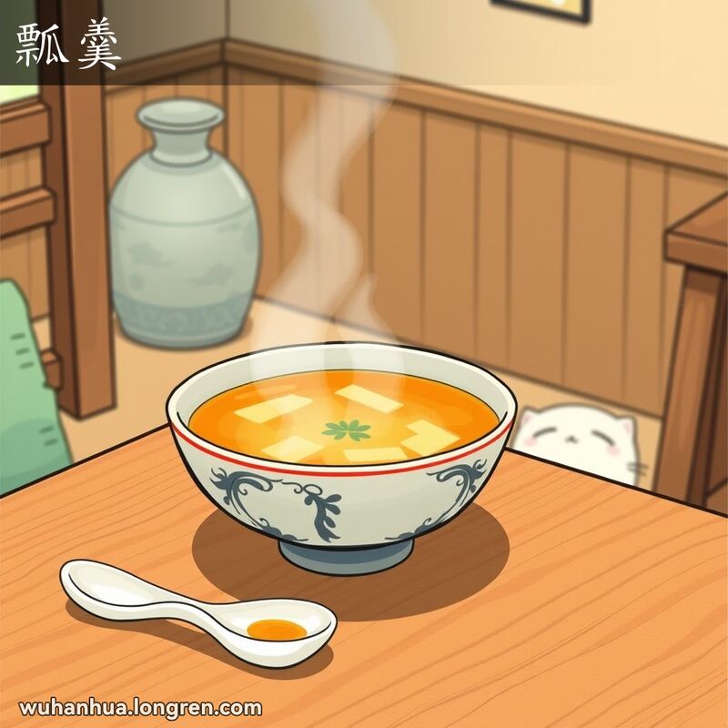 温馨厨房场景，桌上有一碗热汤和一把调羹，背景是温暖的家庭氛围，桌下有一只调皮的猫咪探头张望。