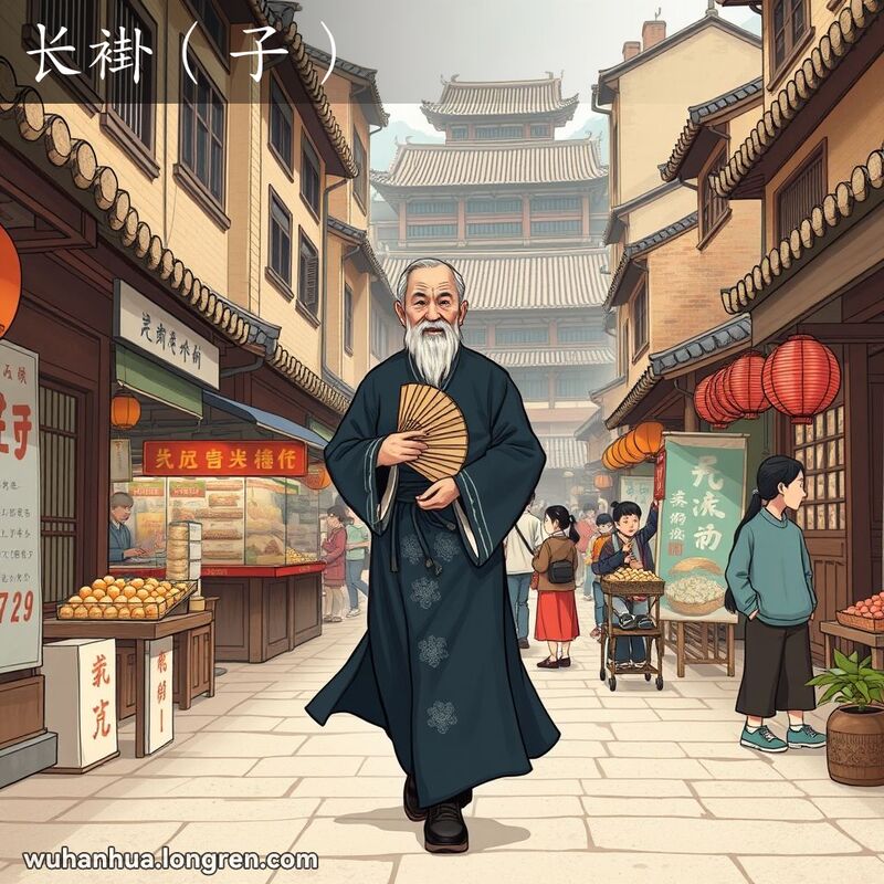一位穿着传统长衫的老人在武汉老街上漫步，背景是热闹的市场和老建筑