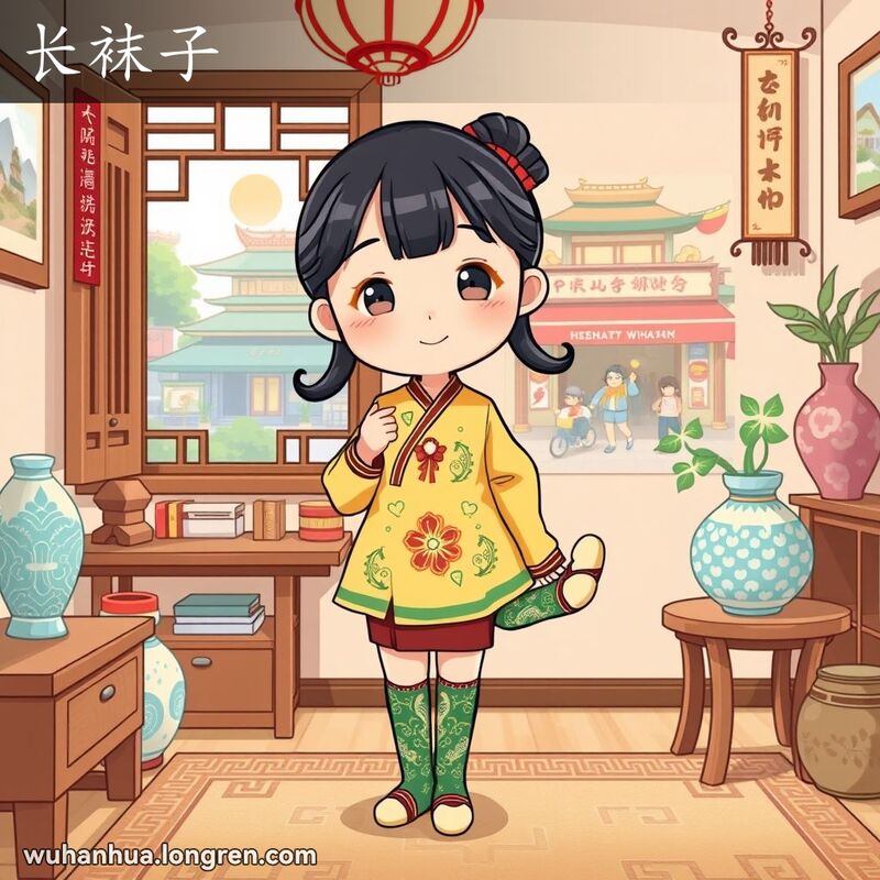一位穿着传统中国服饰的年轻女孩在房间里展示她的长袜子，背景是武汉街景