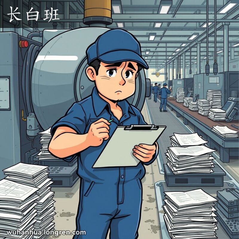 一位穿蓝色工作服的武汉工厂工人站在机器前，手持剪贴板和笔，背景是工厂车间，表现长时间繁忙的工作状态。