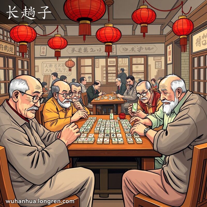 一群武汉老人在茶馆里打长时间的麻将，背景是其他顾客在喝茶和吃小吃，画面生动热闹