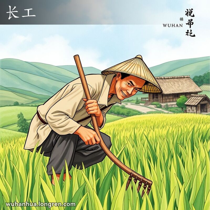 一位穿着传统服装的农民在稻田中辛勤劳作，背景是翠绿的田野和茅草屋，表现了“长工”的含义。