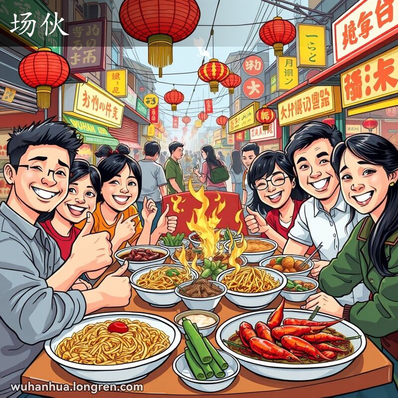 一群朋友在武汉街头市场享用美食，表情满足，背景是热闹的市场摊位和红灯笼