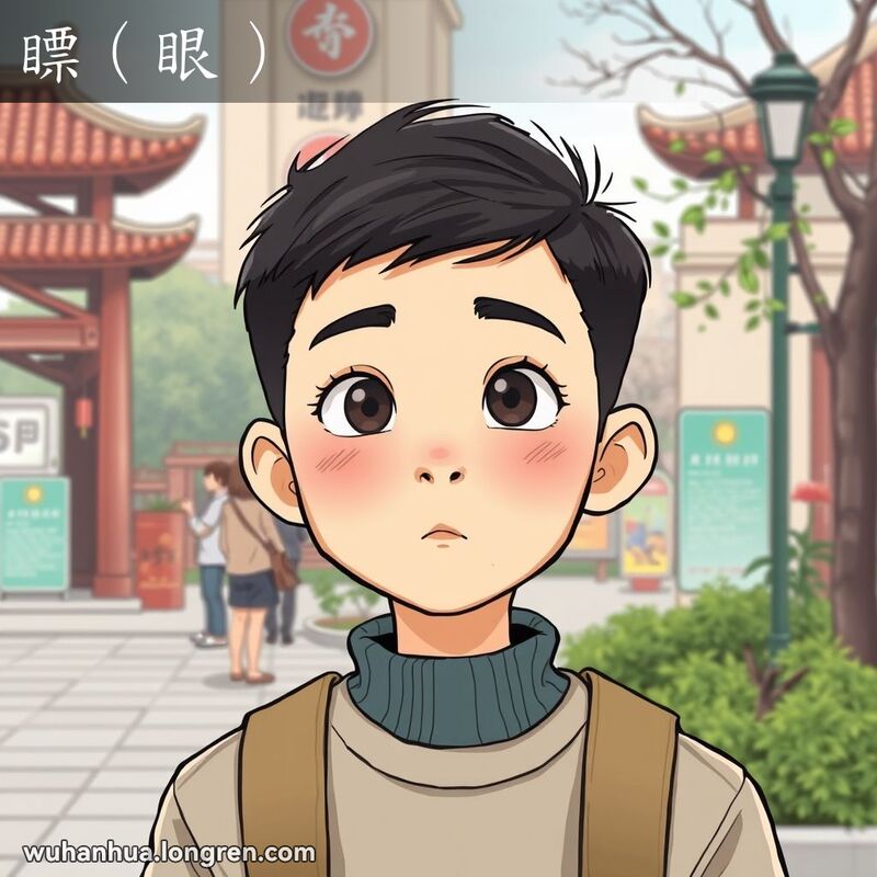 一位武汉年轻人站在公园或街角，一只眼睛直视前方，另一只眼睛明显偏斜，表现斜视的情况，背景是武汉的城市景观。