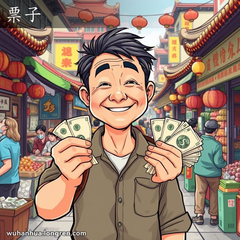 一位中年男子在武汉市场中手持一叠钞票，脸上带着满意的笑容，背景是热闹的市场场景
