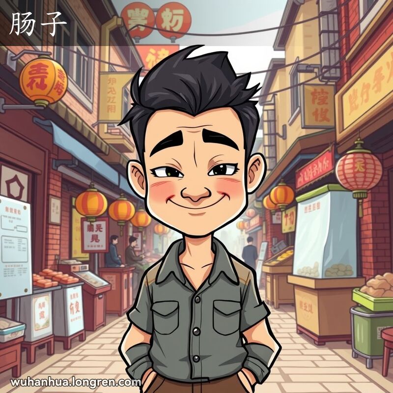 一位男子站在武汉街市中，脸上带着狡黠的笑容，象征着他心计很深，背景是武汉老街景