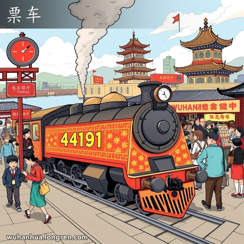 武汉火车站的热闹场景，老式蒸汽火车停靠在站台，乘客登车，背景有黄鹤楼和长江