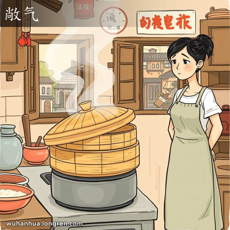 一个武汉厨房，竹蒸笼盖子倾斜，蒸汽漏出，妇女站在旁边，背景有老式木柜和挂历。