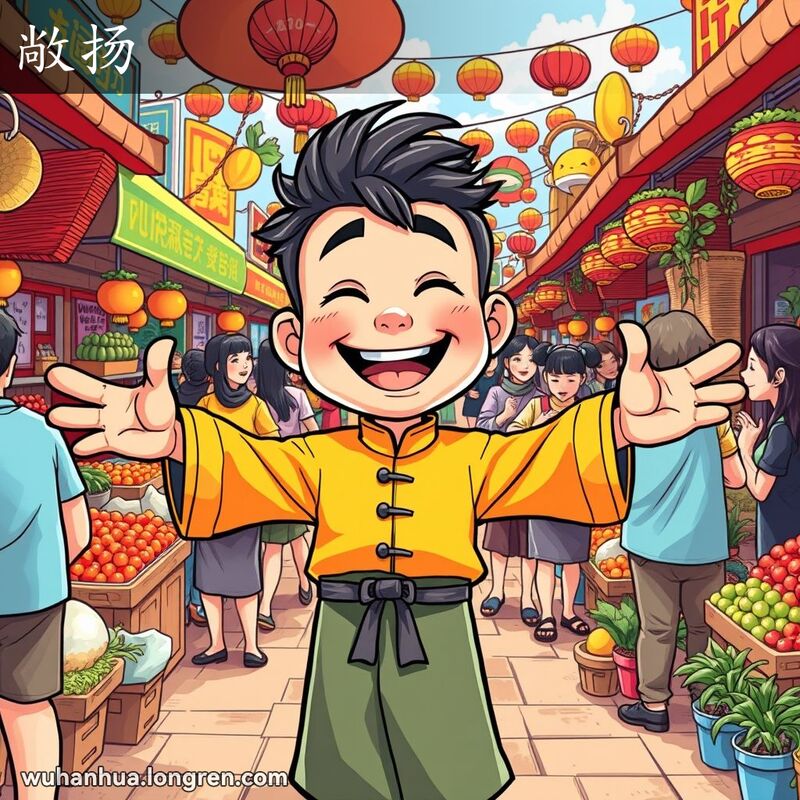 一个武汉本地人在热闹的市场中心，双臂张开，热情地向路人招手，背景是各种摊位和欢笑的人群。