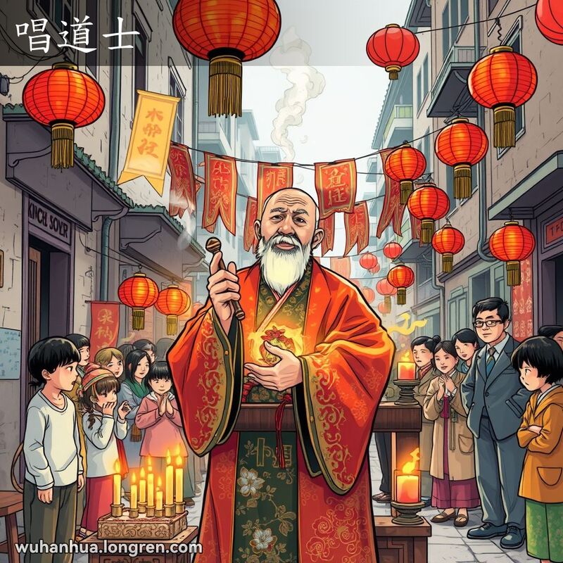 一位道士在武汉老街上进行法事，手持法器诵经，背景有香烛、供品和围观的市民