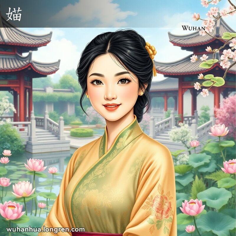 一位身穿传统中国服饰的武汉女子在古典园林中微笑，展现“媌”的美丽