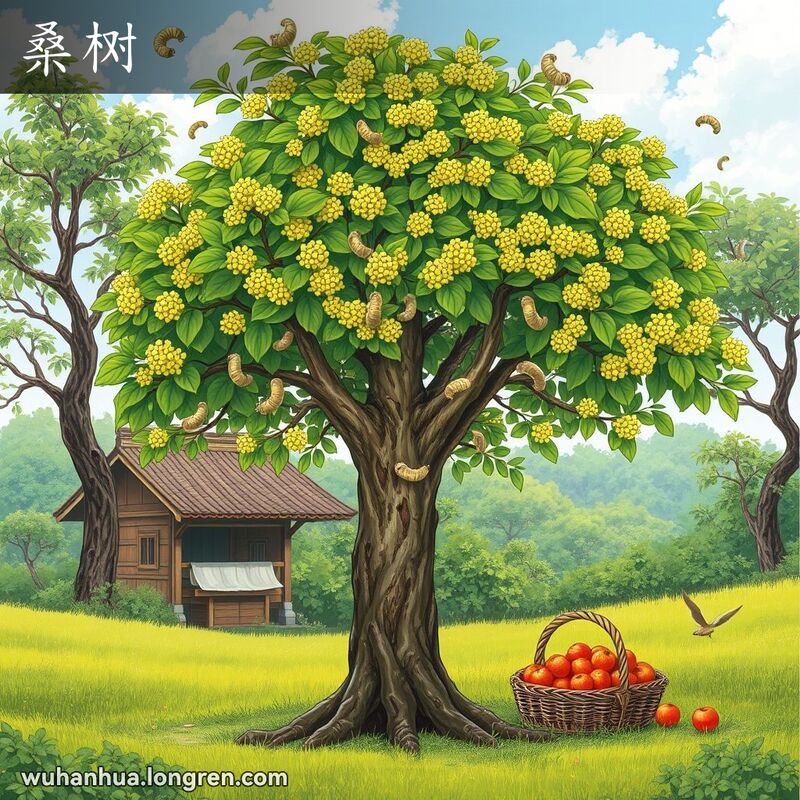 一棵桑树在乡村环境中，树叶上有丝蚕取食，背景有造纸工具和桑葚，展示桑树的多种用途