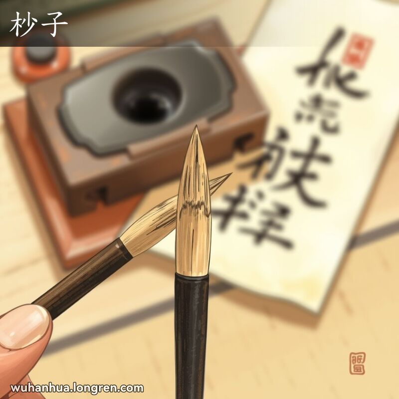 一支传统中国书法毛笔，笔尖细长，背景有砚台和宣纸，整体氛围宁静专注。
