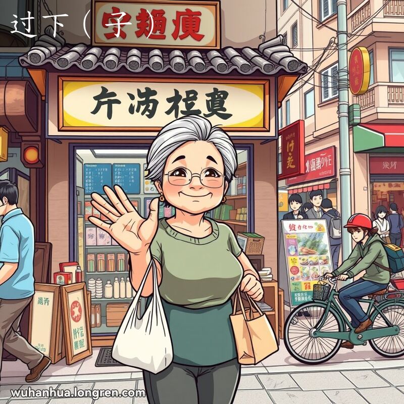一位中年妇女站在武汉街头的小杂货店门口，手里提着一袋杂货，另一只手挥动着示意某人稍等，背景是热闹的武汉街景。