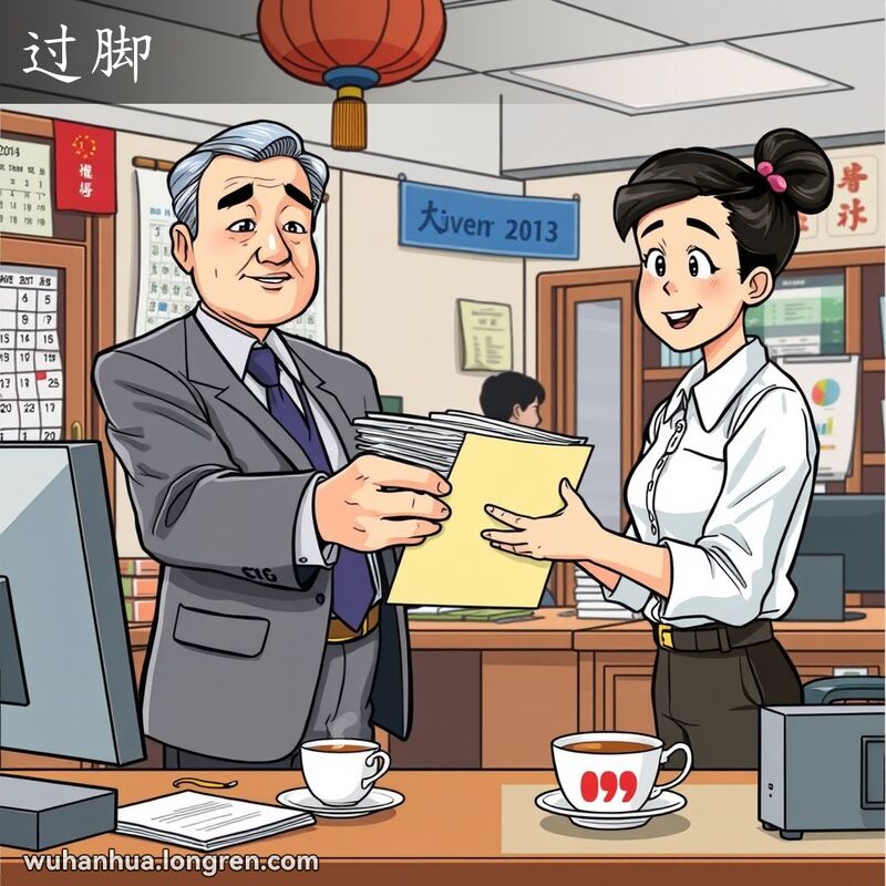一位资深员工在办公室将文件交给初级同事，背景有日历、电脑和茶杯，象征责任转移。