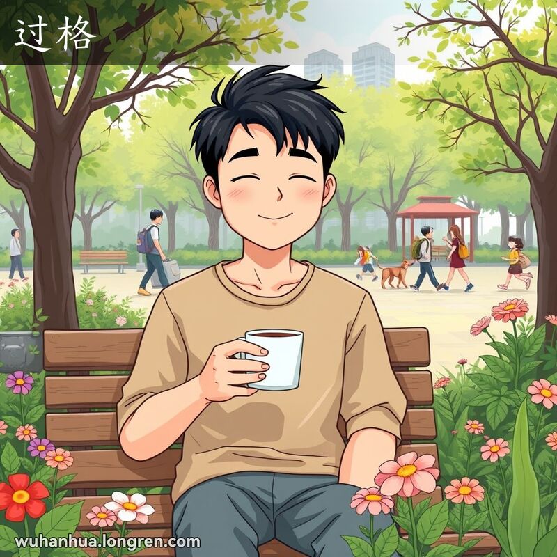 一位年轻男子坐在公园长椅上，面带轻松愉悦的表情，手捧茶杯，背景是宁静的公园环境
