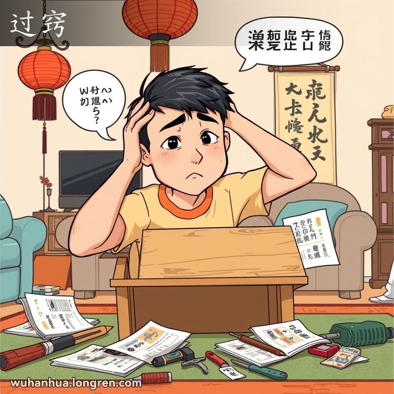 一位武汉青年在组装家具时显得困惑和沮丧，背景是温馨的客厅，有传统的中国装饰