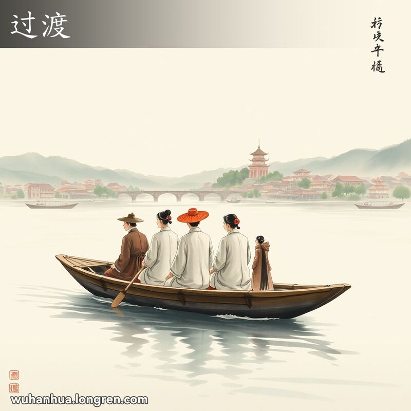 一群穿着传统服饰的人们乘坐木船过河，背景是宁静的河流和老武汉景色