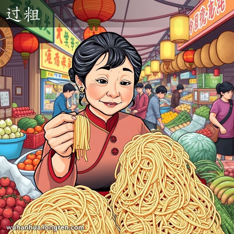 一位中年妇女在武汉市场摊位前检查粗面条，表情略带不满，背景是热闹的市场