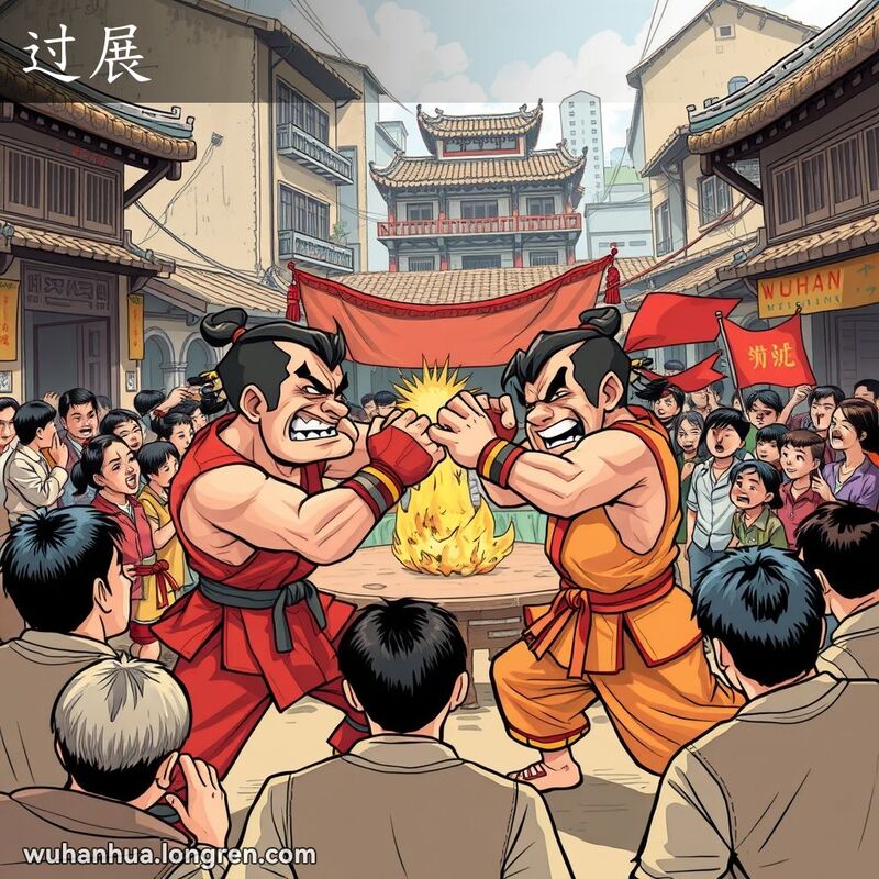 武汉老街市场，人们观看武术比赛，斗士拼力搏斗，观众欢呼呐喊