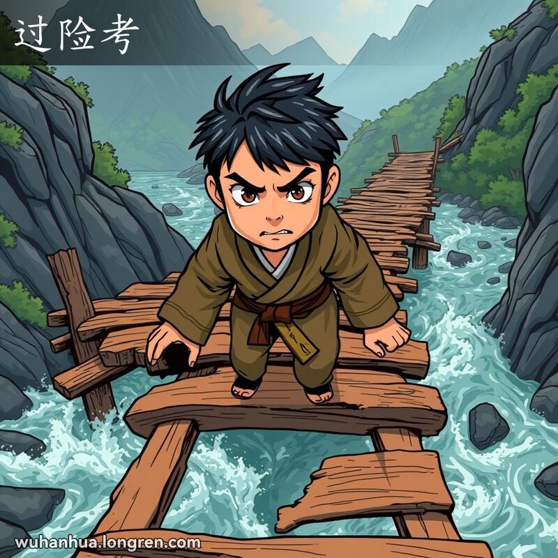 一个人在摇摇欲坠的桥上跨越湍急的河流，脸上带着坚定但略显焦虑的表情，背景是嶙峋的山脉和茂密的绿色植被。