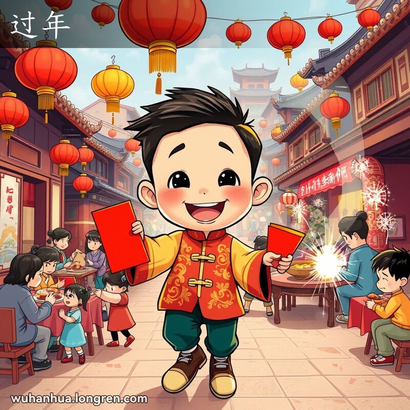武汉春节庆祝活动，小男孩手持红包和鞭炮，背景是挂满红灯笼的老街和丰盛的年夜饭。