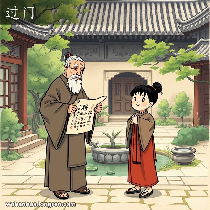 一位年轻的徒弟在庭院中恭敬地站在师父面前，师父手持古卷，背景是传统中国庭院。