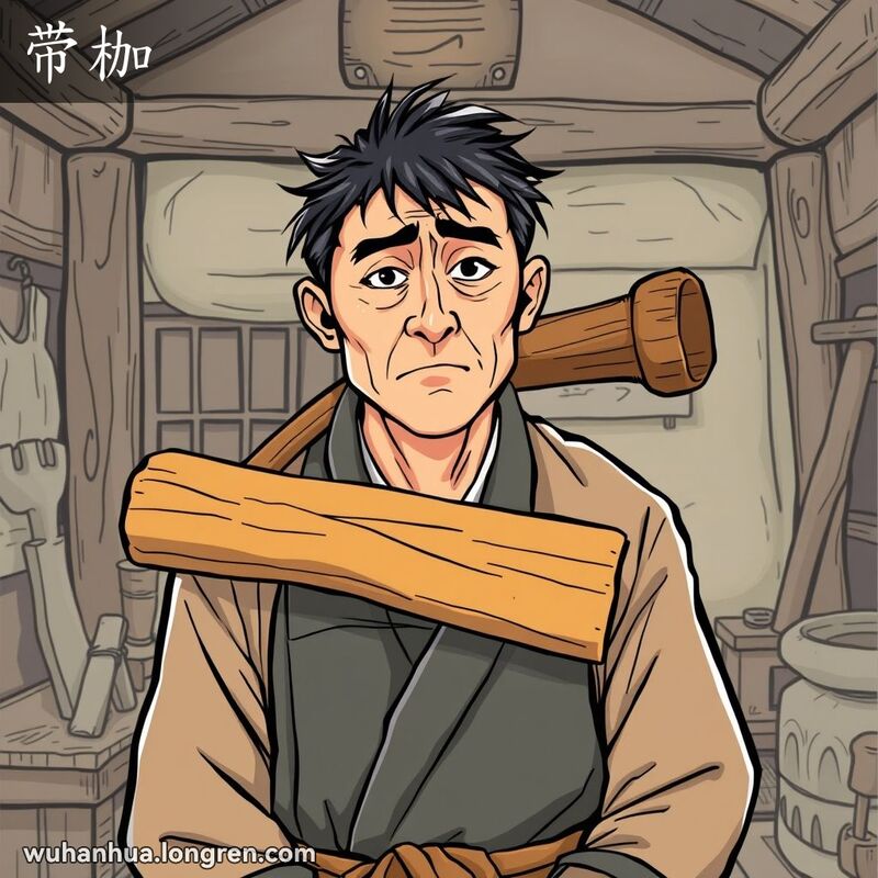 一位中国木匠戴着木枷，表情悔恨，背景是乡村作坊，象征自作自受