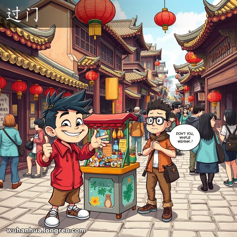 一位年轻男子在武汉街头小摊前试图卖假货给路人，路人露出怀疑的表情，背景是热闹的老街景