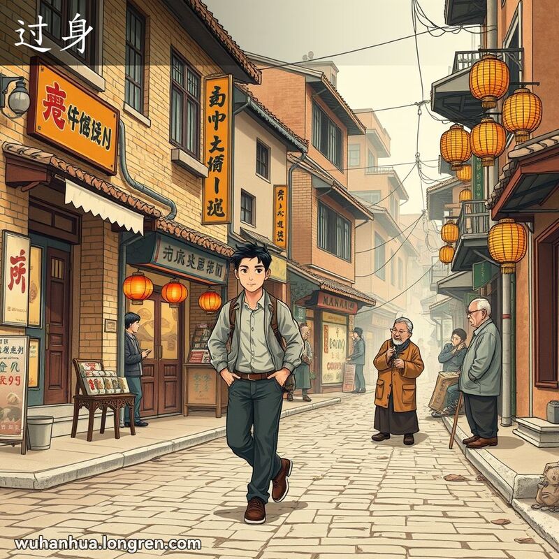 一位年轻人在武汉老街上经过一位老人，背景是传统建筑和小摊贩