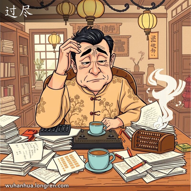 一位中年武汉男子坐在桌前，桌上堆满文件和计算器，面露忧虑和疲惫之色，表现出“过尽”的状态，背景是武汉家庭场景