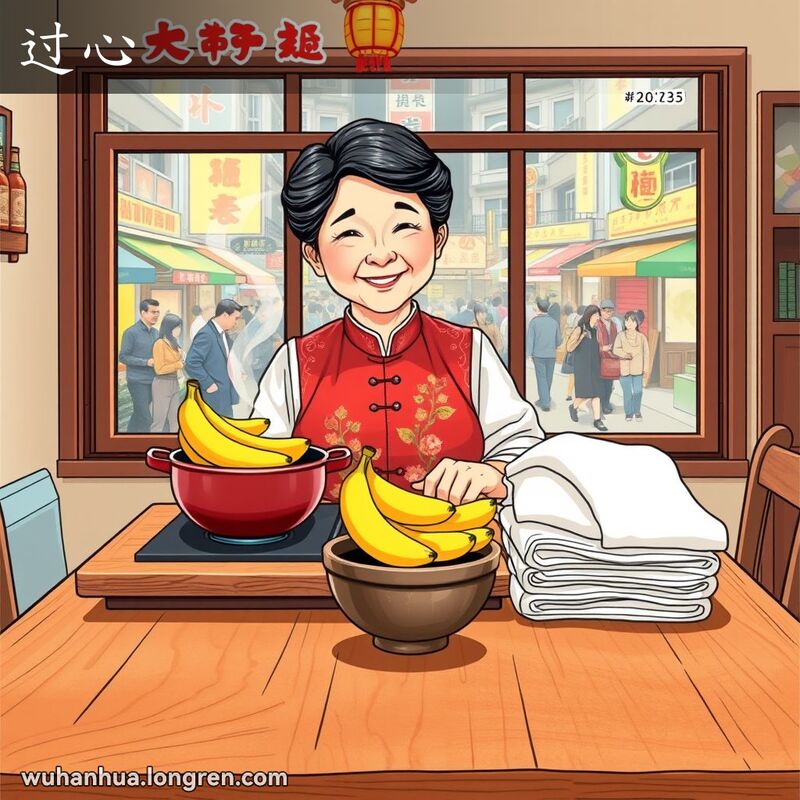 一位中年妇女在厨房检查煮熟的肉，背景是武汉街景，桌上有熟透的香蕉和晾干的衣服，表达“过心”的概念。