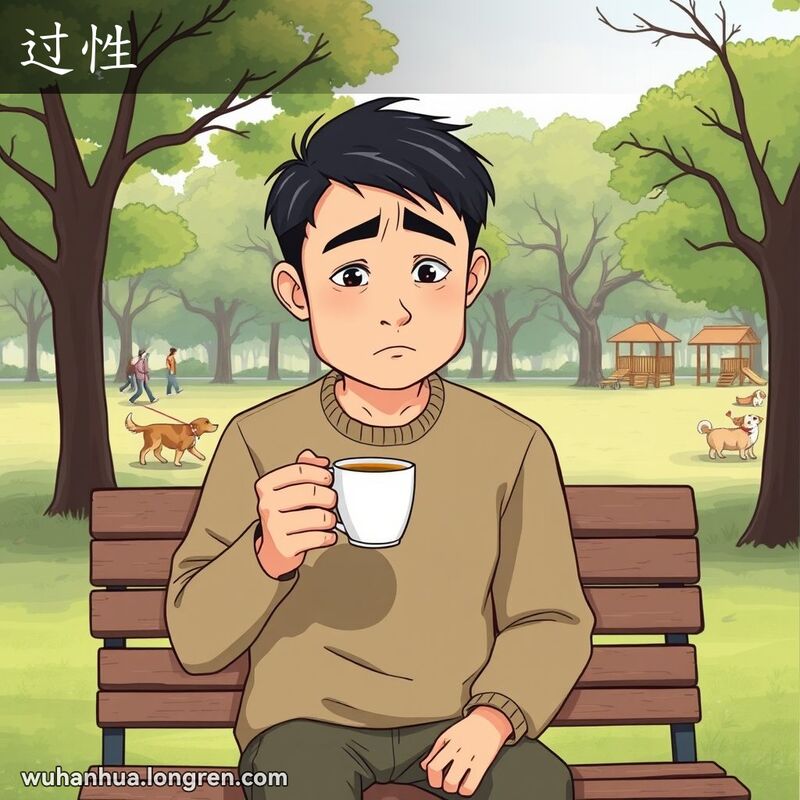 一位男子坐在公园长椅上，手持一杯已经变冷的茶，露出失望和不满的表情，背景是宁静的公园景象