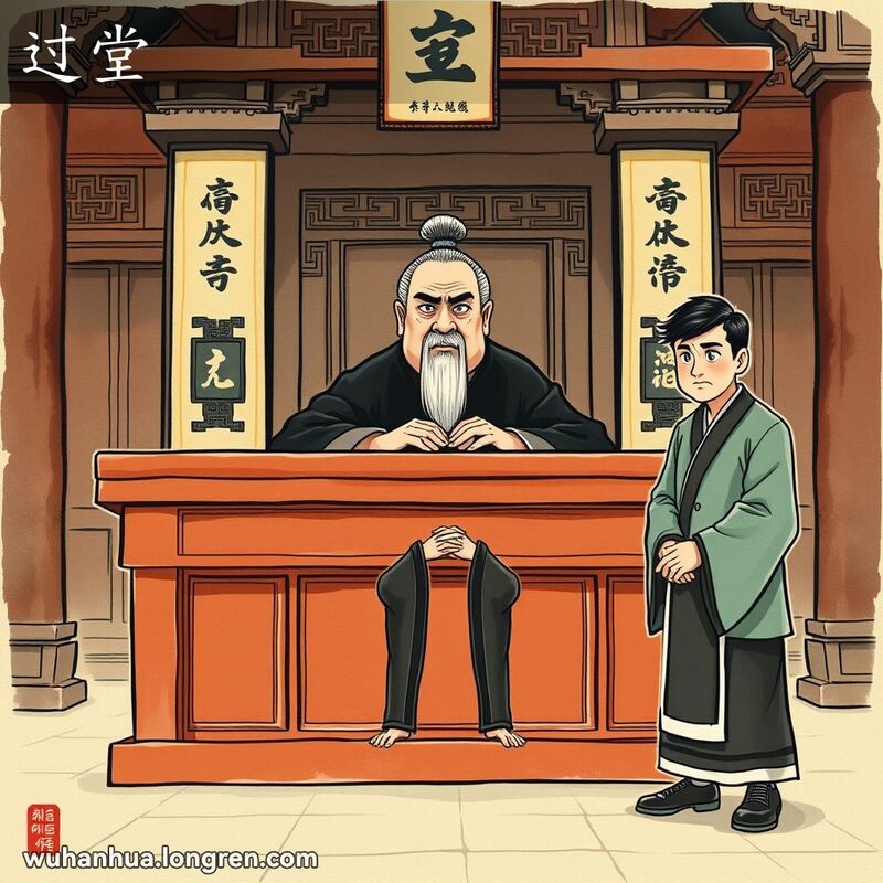 传统中国法庭场景，法官坐在大木桌后，被告人站在前面，神情紧张，背景是古色古香的建筑