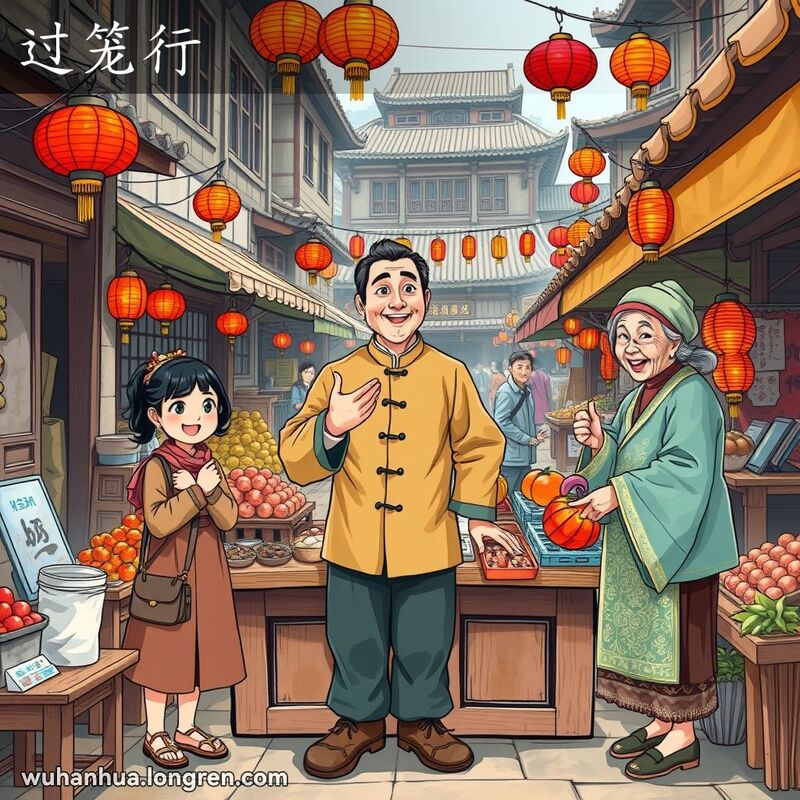 一个中年男子在武汉老街市场上充当买卖中介，背景是老式建筑和红灯笼