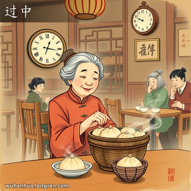 一位穿旗袍的老妇人在茶馆里吃包子，背景有其他顾客和古老时钟，显示下午三点半。