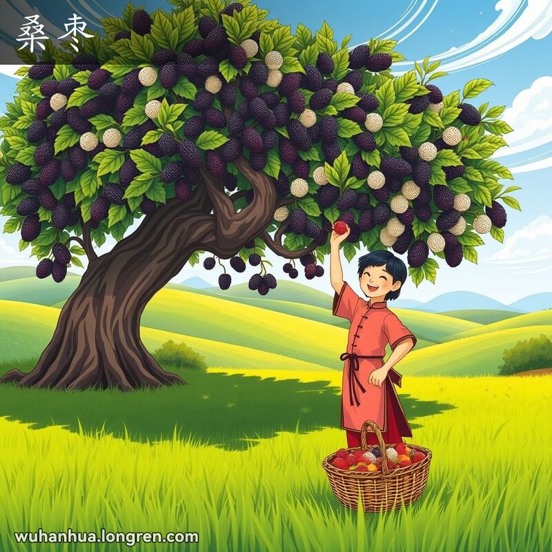 乡村景象中，一棵桑树上挂满成熟的桑葚，一位武汉当地人在树下摘取桑葚，背景是绿意盎然的山丘和蓝天。