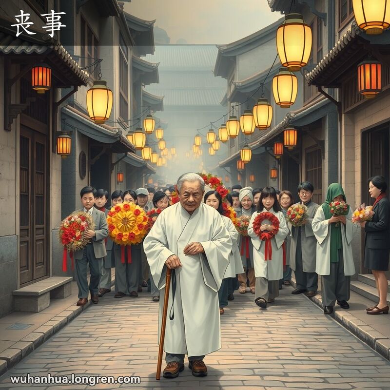 一位穿白色孝服的老人手持拐杖，走在武汉传统葬礼队伍前，背景是老街和灯笼