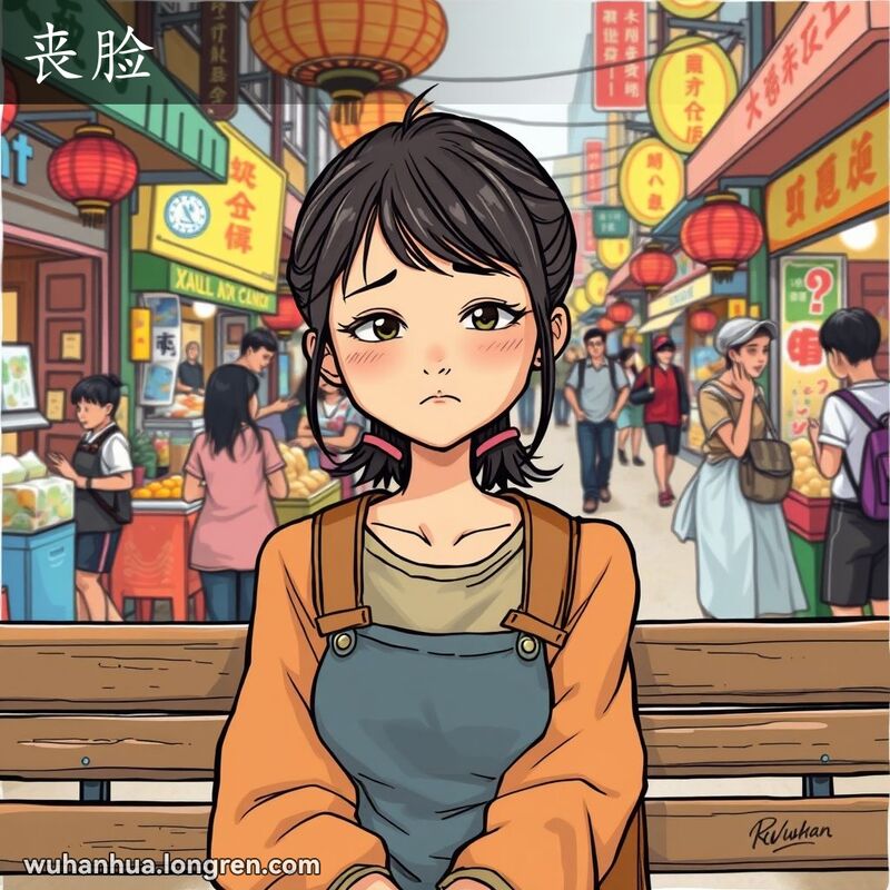 一位年轻的武汉女子坐在街头市场长椅上，脸上露出“丧脸”的表情，背景是繁忙的街头市场