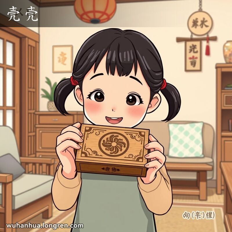 一位武汉小女孩手捧精致的木质匣子，背景是温馨的客厅，匣子上有传统中国图案