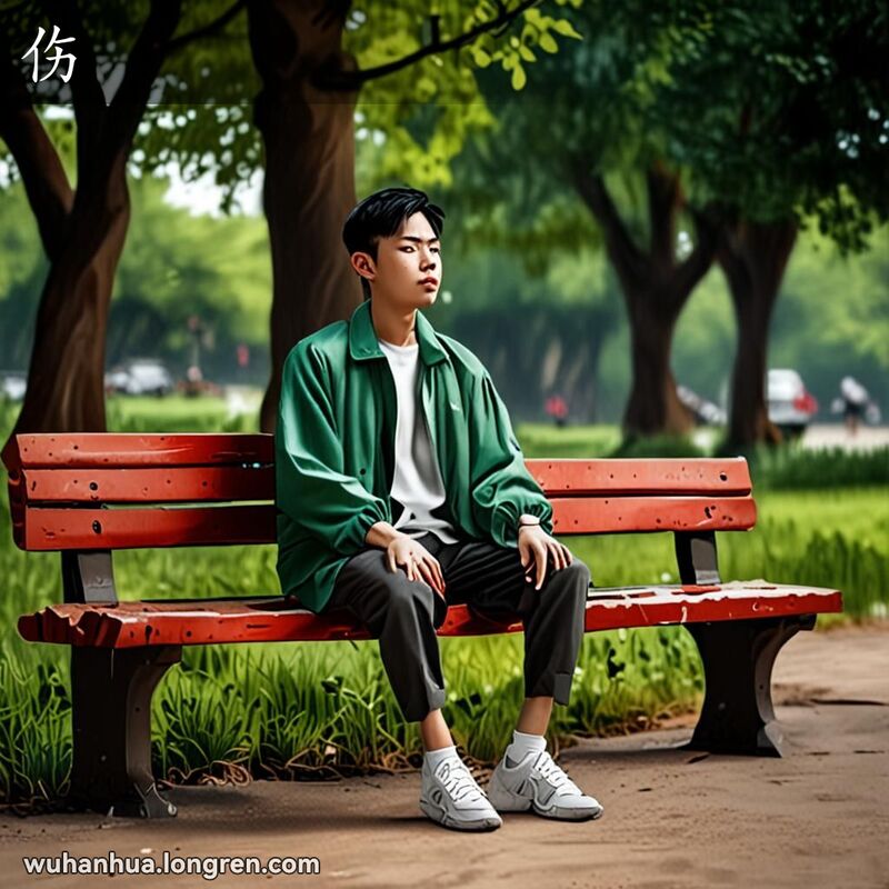 一位武汉市民坐在公园长椅上，手臂上缠着绷带，脸上露出痛苦的表情，背景是武汉街景