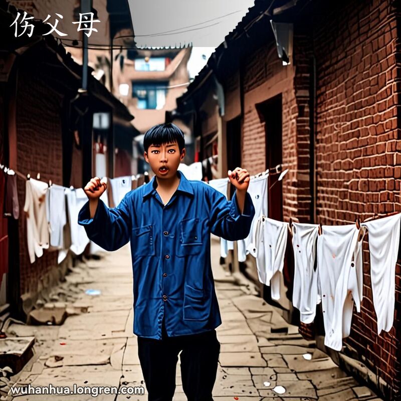 一位年轻的武汉市民在巷子里愤怒地对着画面外的某人大声喊叫，表情夸张且不尊重，背景是老旧的红砖墙和晾晒的衣物。