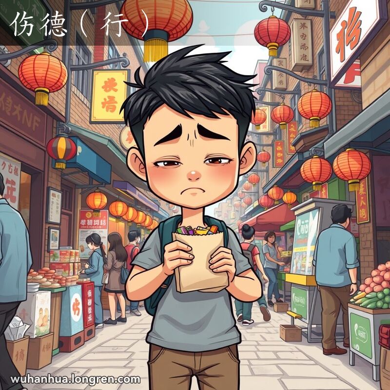一位武汉市民在街市中手持小袋物品，脸上露出内疚和后悔的表情，背景是武汉街景